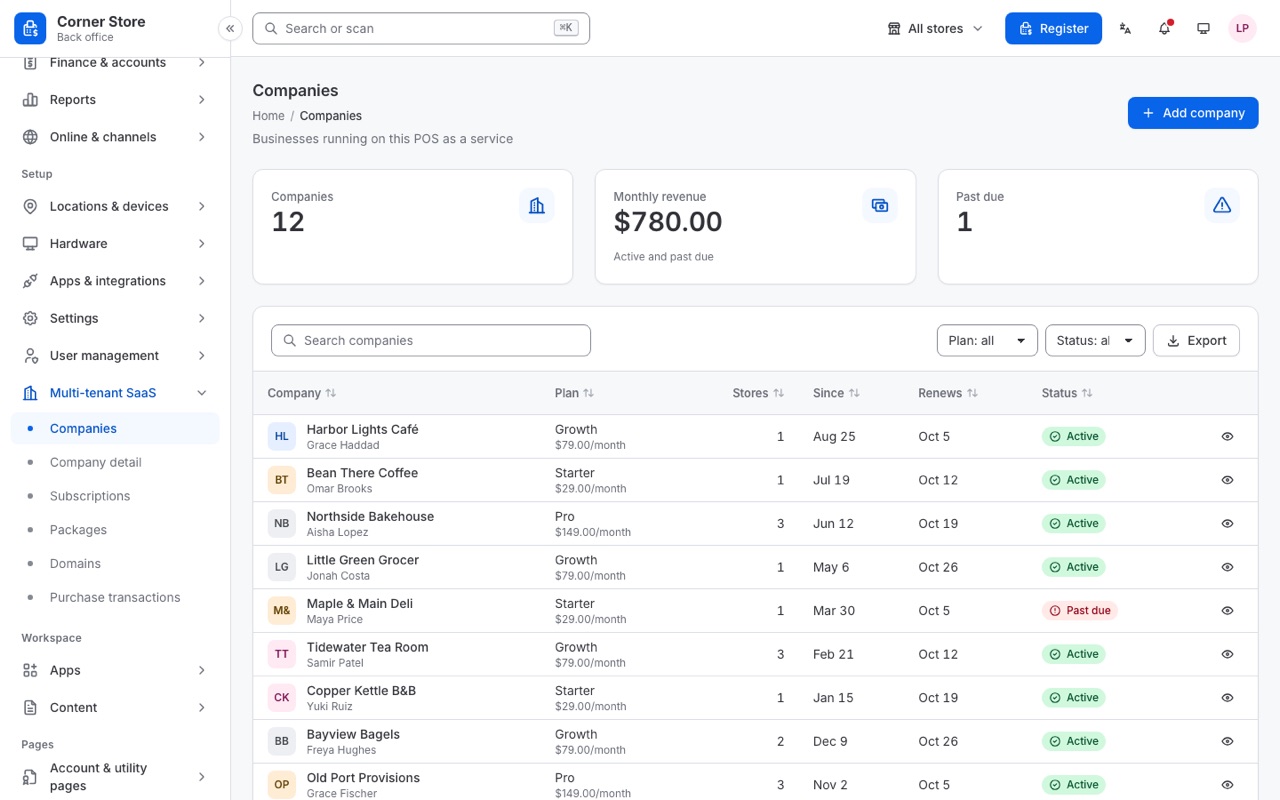 The companies page of the multi-tenant SaaS module